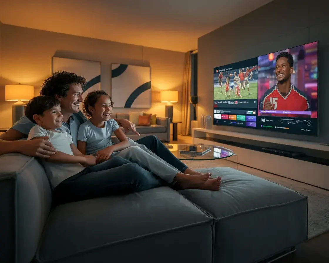 A family streaming live sports on Kemo IPTV in their living room