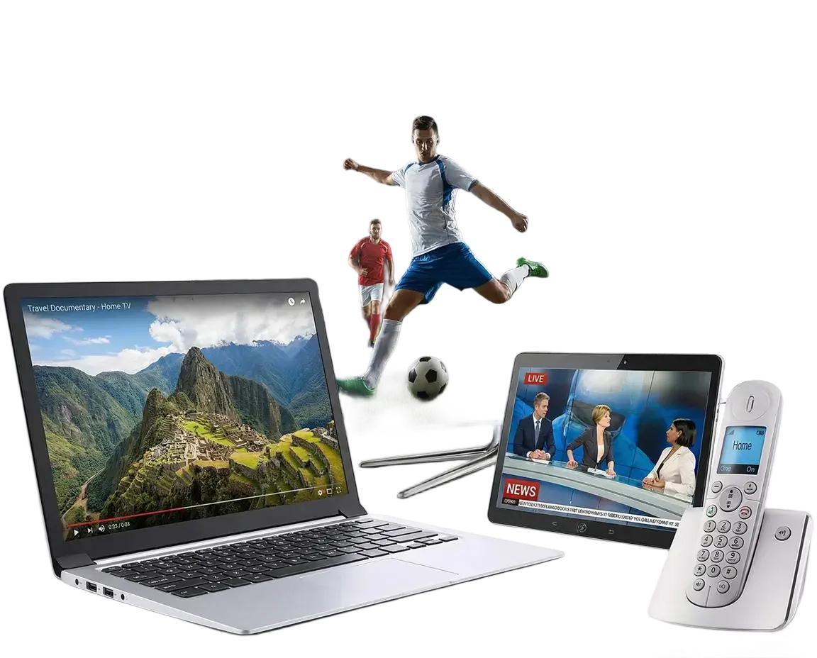 Kemo IPTV running on a laptop, tablet and phone — compatible with all devices