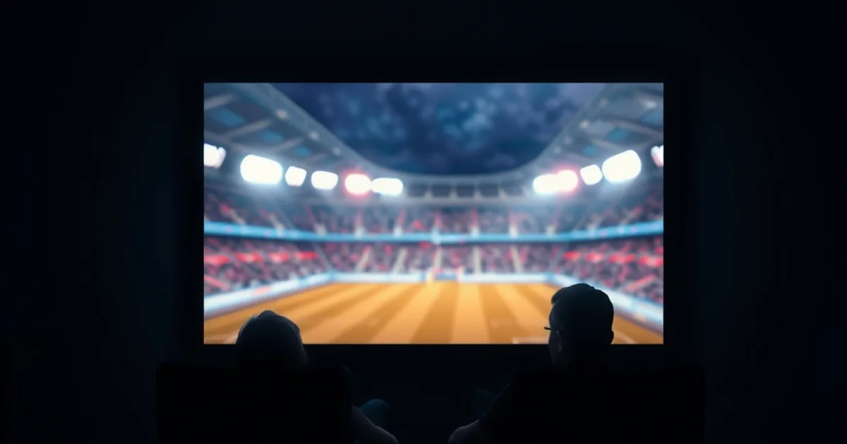 Dark living room lit by a TV showing stadium floodlight glow, two silhouettes watching football on a couch at night