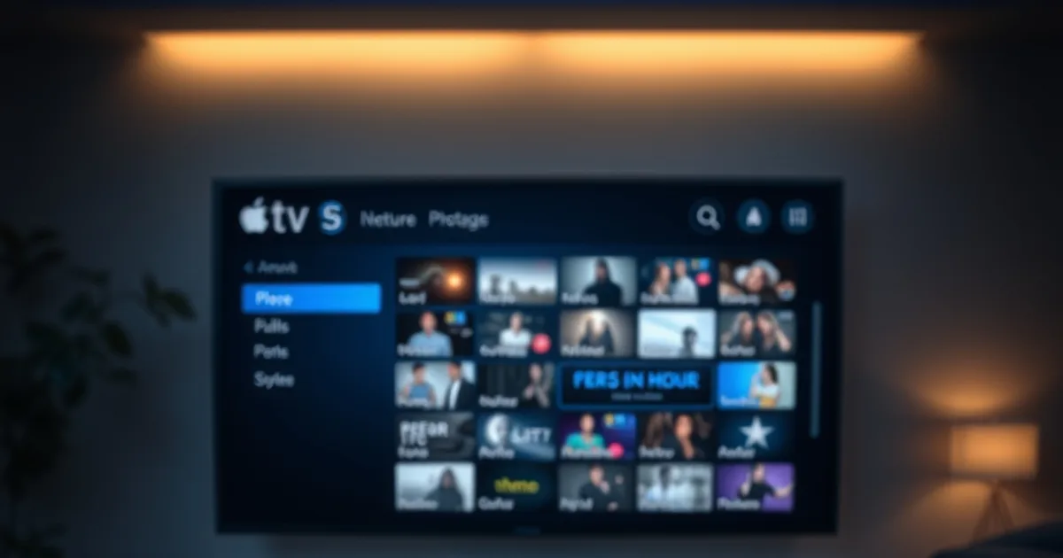 A dark, moody living room scene with an Apple TV box and remote in front of a television showing a glowing channel guide interface