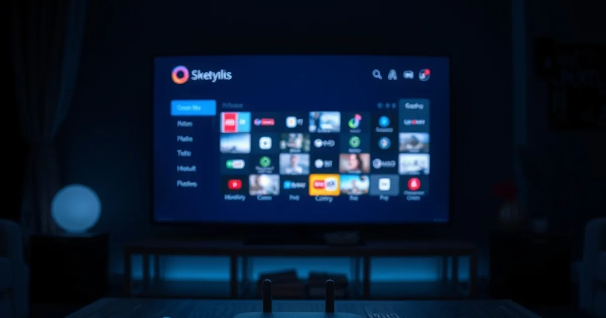A dark living room at night with a TV displaying a channel guide grid, a streaming box, and several remote controls on a coffee table
