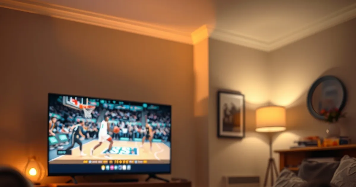 A UK living room at night, one TV showing a live basketball match in crisp upscaled 4K while a tablet and a phone on the sofa play different VOD titles at the same time, warm lamp light mixing with cool screen glow
