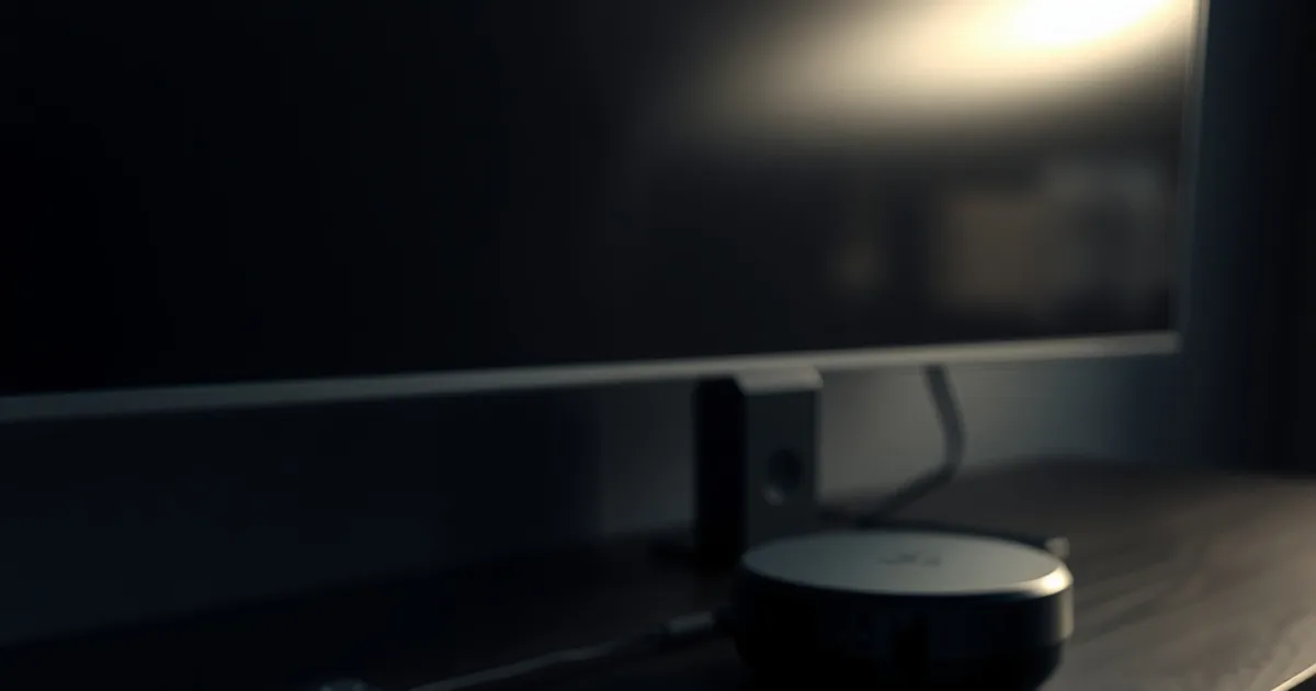Three dark streaming devices lit by ambient TV glow on a media console, moody premium lighting