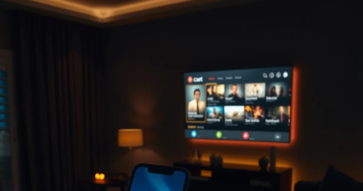 A hand casting a stream from a smartphone to a TV in a dark, cinematic living room at night