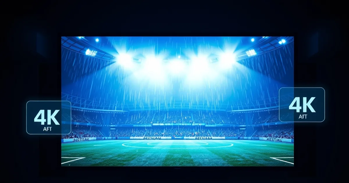 Dark home theater glowing with a live European night-match broadcast on a wall-mounted screen, streaming devices arranged nearby under blue floodlight-style lighting.