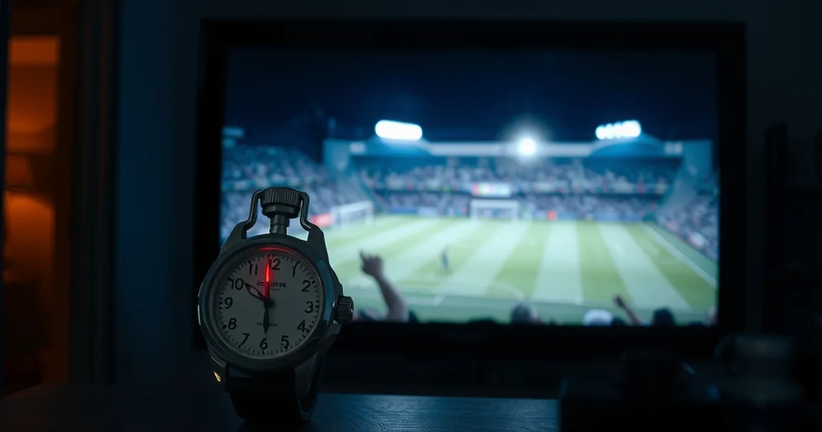 A stopwatch beside a television showing a football match frozen mid-frame with a subtle glitch effect, in dark cinematic lighting