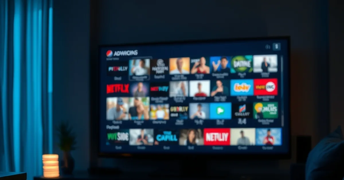 A dark living room lit by a TV screen showing live channels, with a faded stack of streaming app icons dissolving beside a calendar and coins on a table, symbolizing consolidating streaming costs into one annual plan.