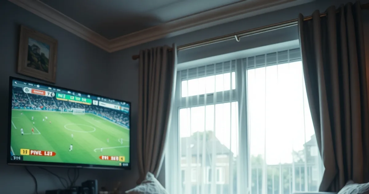 A British terraced-house living room on a grey Saturday afternoon, rain streaking the window behind half-drawn curtains. A large wall-mounted TV shows a live football match under floodlights, while on the coffee table two phones lie side by side: one displaying a tidy price list in pounds, the other frozen mid-buffer on a pixelated stream. Warm lamplight on the left of the frame, cold blue daylight from the window on the right, the two colour temperatures splitting the room like the two sides of an argument.