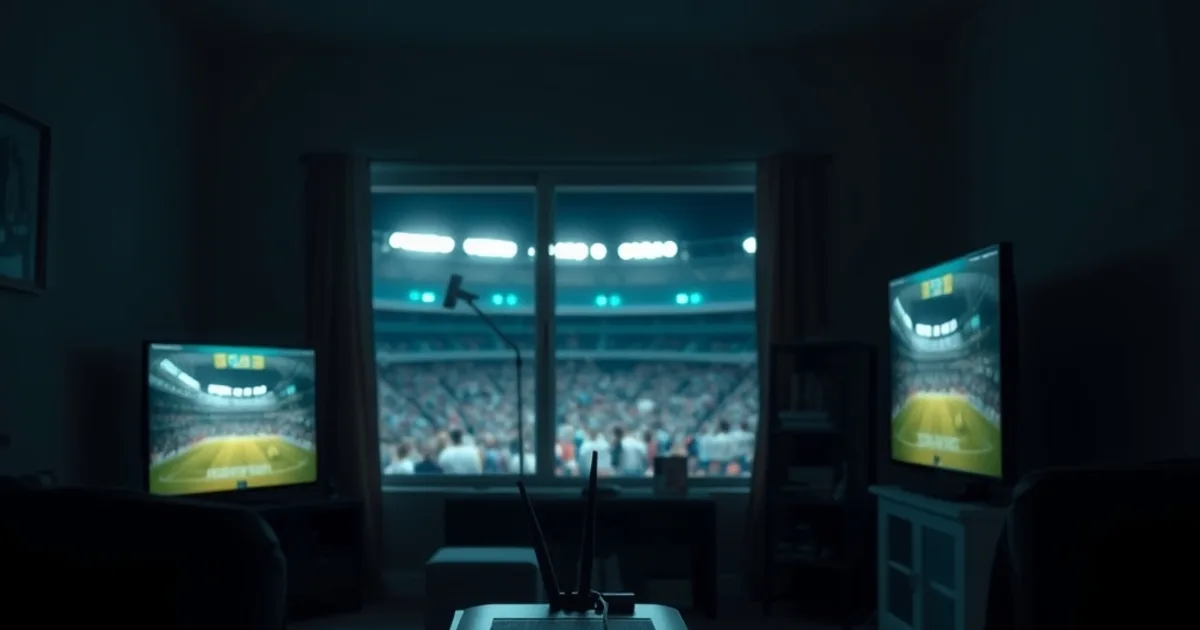 A dim living room at dusk with several screens glowing with distant stadium lights and cables running to a router, evoking a multi-game college football Saturday IPTV setup.