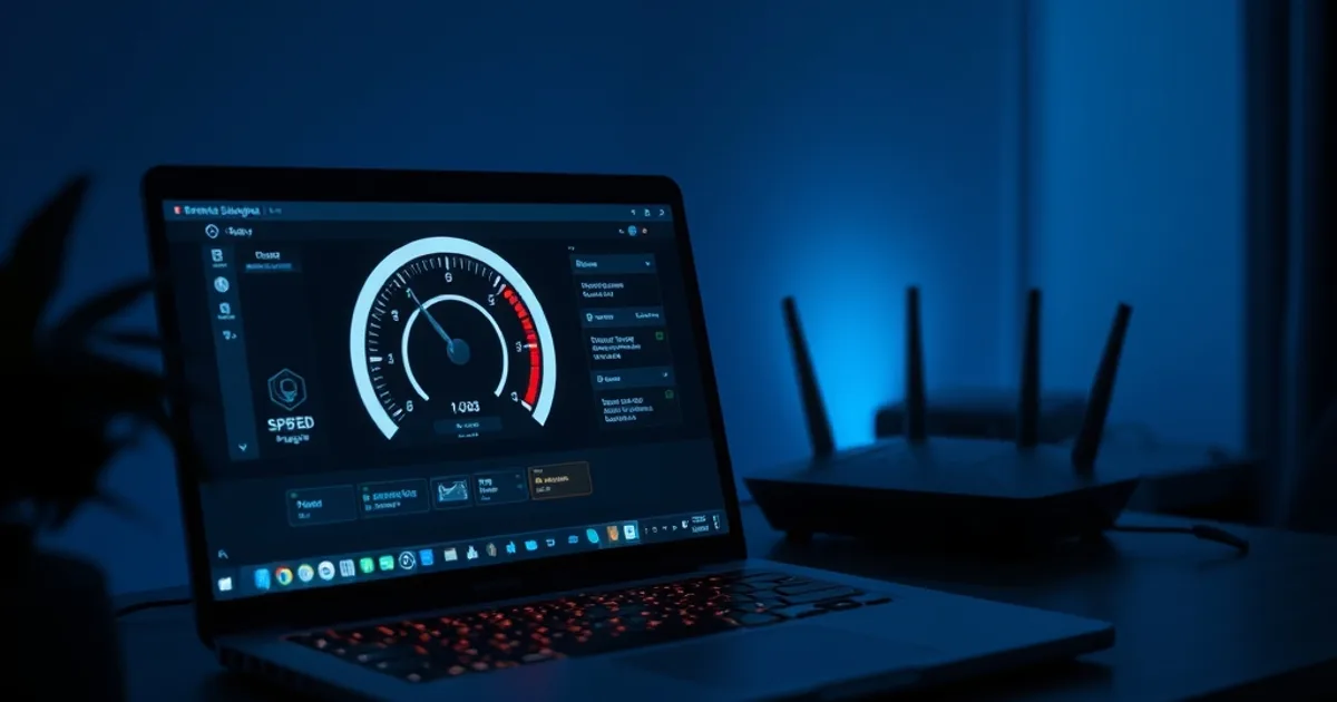 A laptop displaying a network speed test next to a streaming screen, with a router glowing softly in a dark room at night