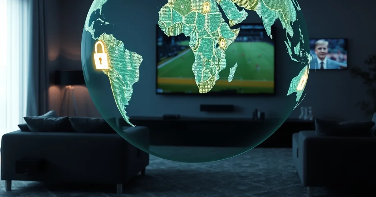 A world globe made of glowing TV static and padlock icons hovering over a dark living room, a large screen in the background playing a live sports match, blue and teal light spilling across the room
