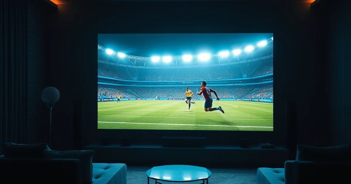 Dark modern living room with a large screen showing a sharp, high-motion 4K football match under stadium floodlights, cool blue ambient glow