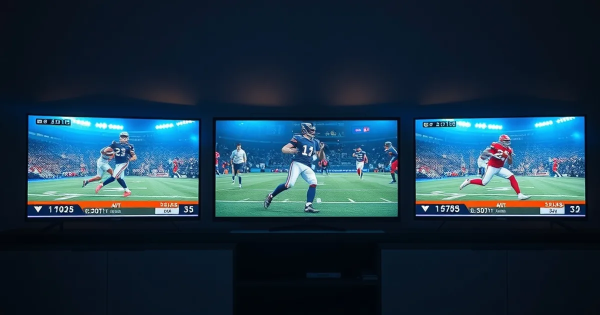 Dark living room lit by the glow of three televisions simultaneously streaming live football games at night