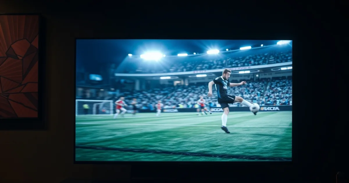 Dark home theater at night with a TV showing a blurred football action shot and an AV receiver glowing on the console below, evoking an audio-video timing mismatch