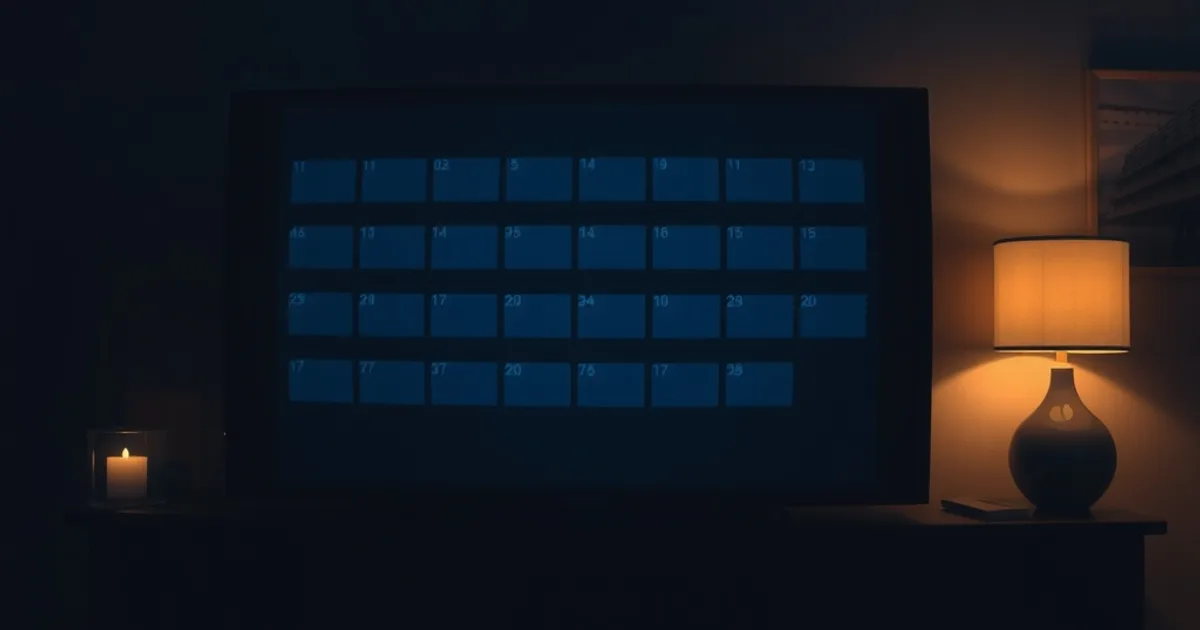 A dark living room lit by a TV screen showing a mostly empty program guide grid with a few glowing rows, conveying a schedule still loading.