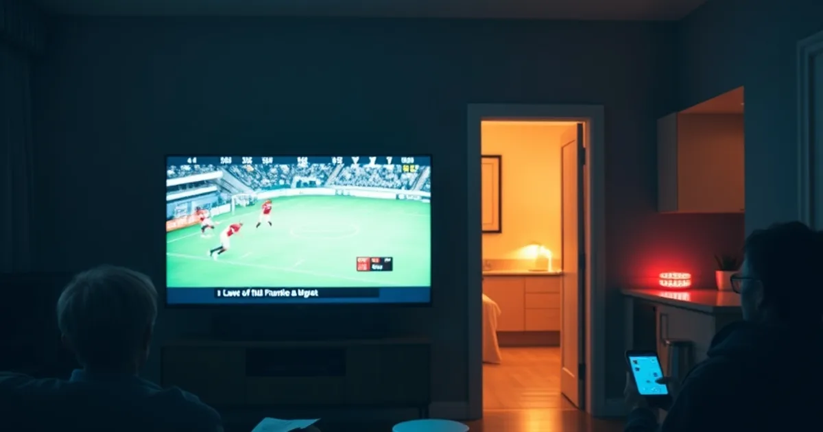 A dark, moody living room at night with a glowing TV in the foreground and a second screen glowing faintly in a bedroom down the hall, illustrating multiple devices streaming at once in one home
