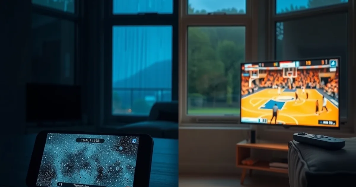 A UK living room late at night, rain streaking a dark window. On the left, a smartphone lies face-up showing a frozen, pixelated stream mid-buffer beside a printed trial confirmation email. On the right, a wall-mounted TV glows warmly, playing a crisp, stable basketball game to an empty sofa with a remote resting on the cushion, the two halves of the frame split like a before-and-after test.