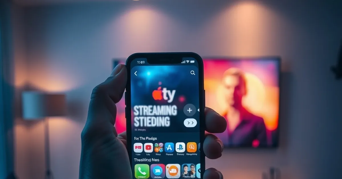 A hand holds an iPhone showing a glowing streaming app interface at night, with a dim living room and TV screen blurred in the background