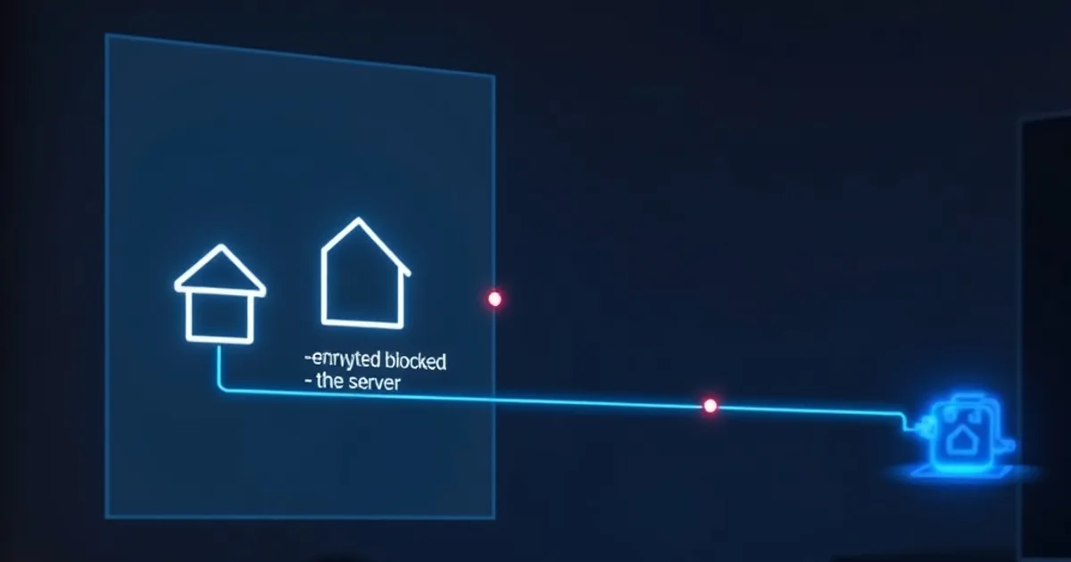 A darkened home network setup with a glowing holographic diagram overhead showing a blocked data connection and an alternate encrypted route bypassing it