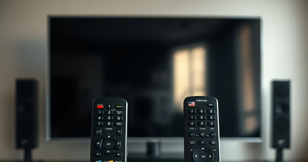 Two TV remotes side by side on a wooden table in front of a large TV, one premium and one generic, moody light