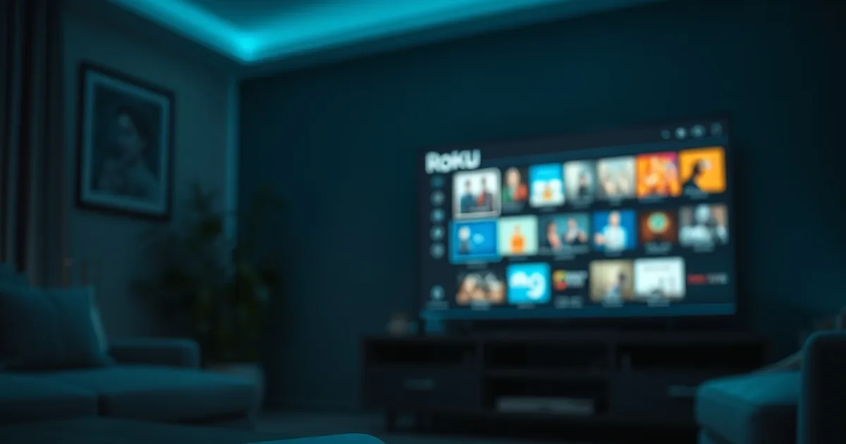 A Roku remote on a coffee table in a dark living room with a TV glowing in the background showing a streaming app grid