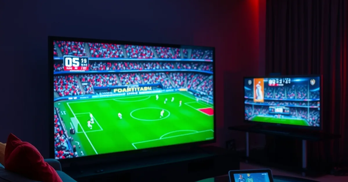 A dark living room mid-match: a large TV shows a live football broadcast with a scoreboard overlay and a packed stadium under bright floodlights, a remote control resting on the sofa arm, a second screen on the coffee table glowing with a basketball score notification, warm orange and cool blue stadium-light color grading across the room