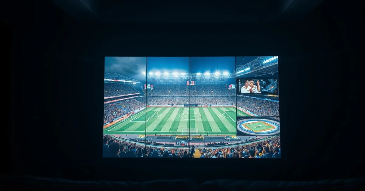 A dark living room where a single smart TV screen shows a mosaic of different live sports blending into one unified broadcast