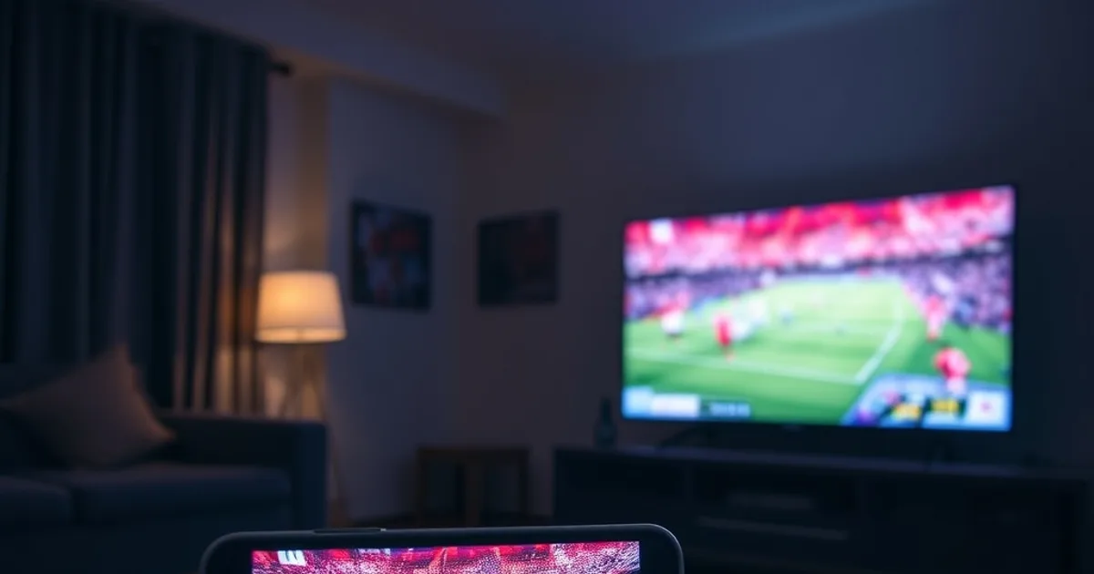 A dim living room at night: a smartphone in the foreground shows a frozen, pixelated football match mid-buffer, while a larger TV glowing softly in the background plays a crisp, stable stream, illustrating the contrast between a failed IPTV trial and a stable one