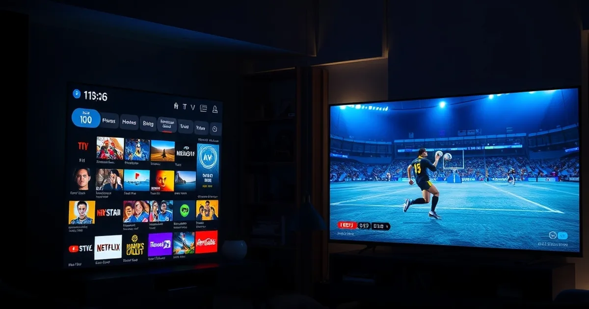 A dark living room with two screens side by side, one showing a cluttered ad-supported channel grid and the other a crisp, ad-free live sports broadcast.