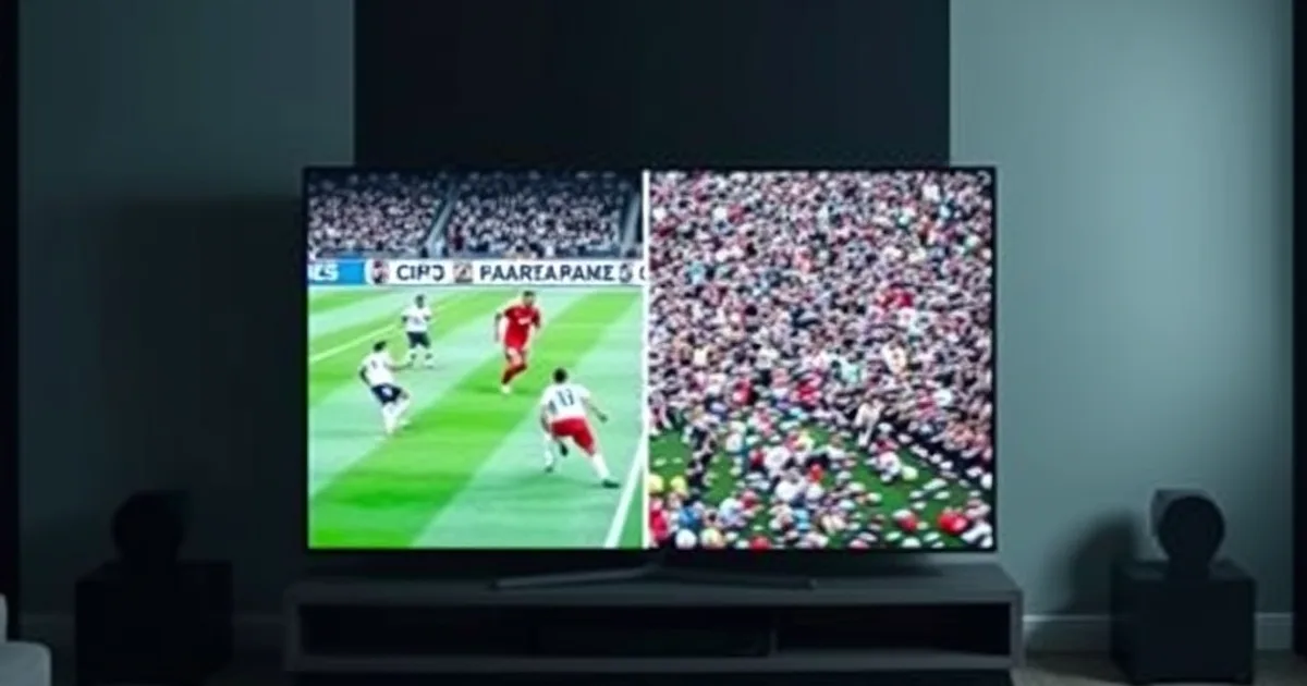 A split-screen TV showing a crisp football match on one side and a pixelated stream on the other, dark living room