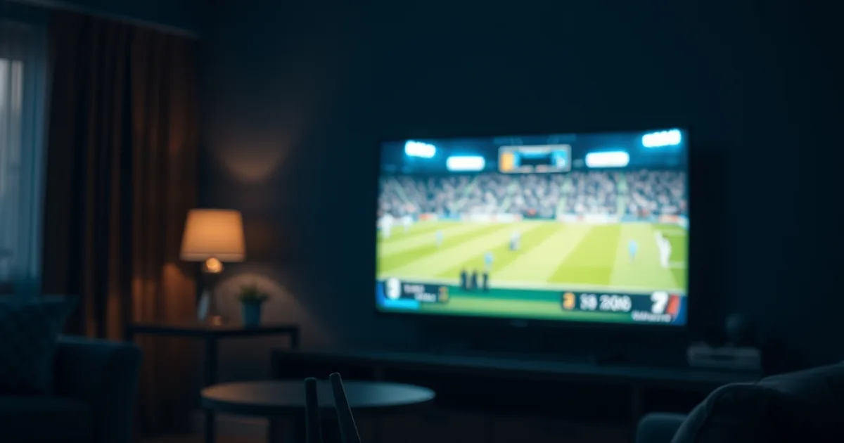 A dark living room lit by a TV showing a live sports match, with a router and ethernet cable visible in the foreground
