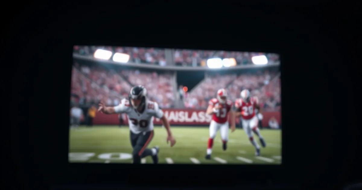 A dark living room lit by a TV showing a live football match, with a streaming box and remote in the foreground and a small recording indicator glowing red.
