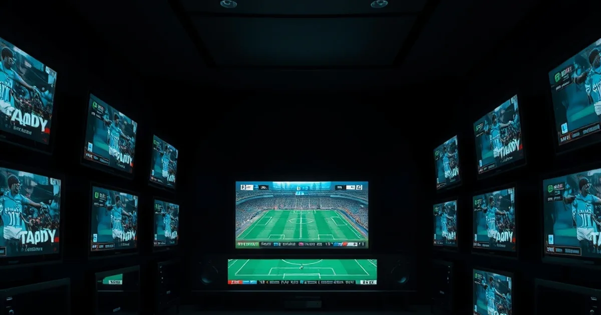 A dark room lined with multiple screens showing a live football match — most frozen mid-buffer with loading spinners, one streaming clearly, lit by cool blue light.