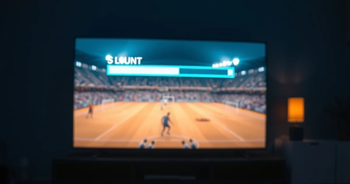 A frozen, buffering soccer match glowing on a dark living room TV screen at night, with scattered subscription receipts on the coffee table in the foreground.