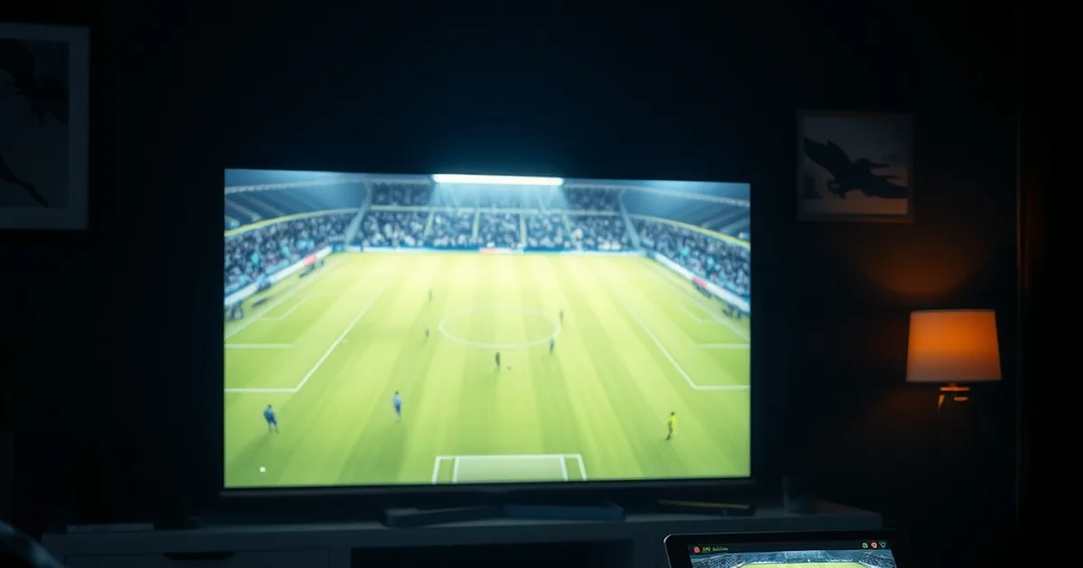A darkened living room at night lit by a glowing TV showing a football field, with a second device screen lit nearby, evoking multiple simultaneous football streams