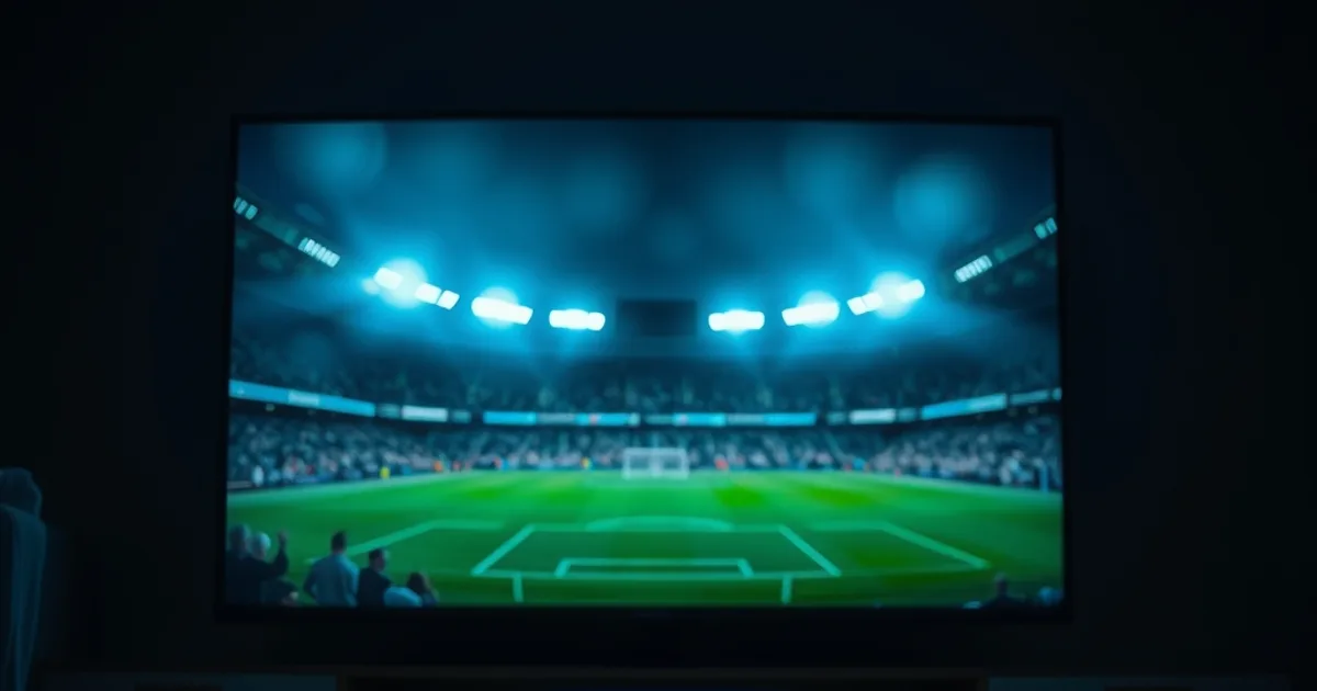 Dark living room at night lit by a TV glow with an Ethernet cable running to a streaming device, evoking a prepared home network setup for game night