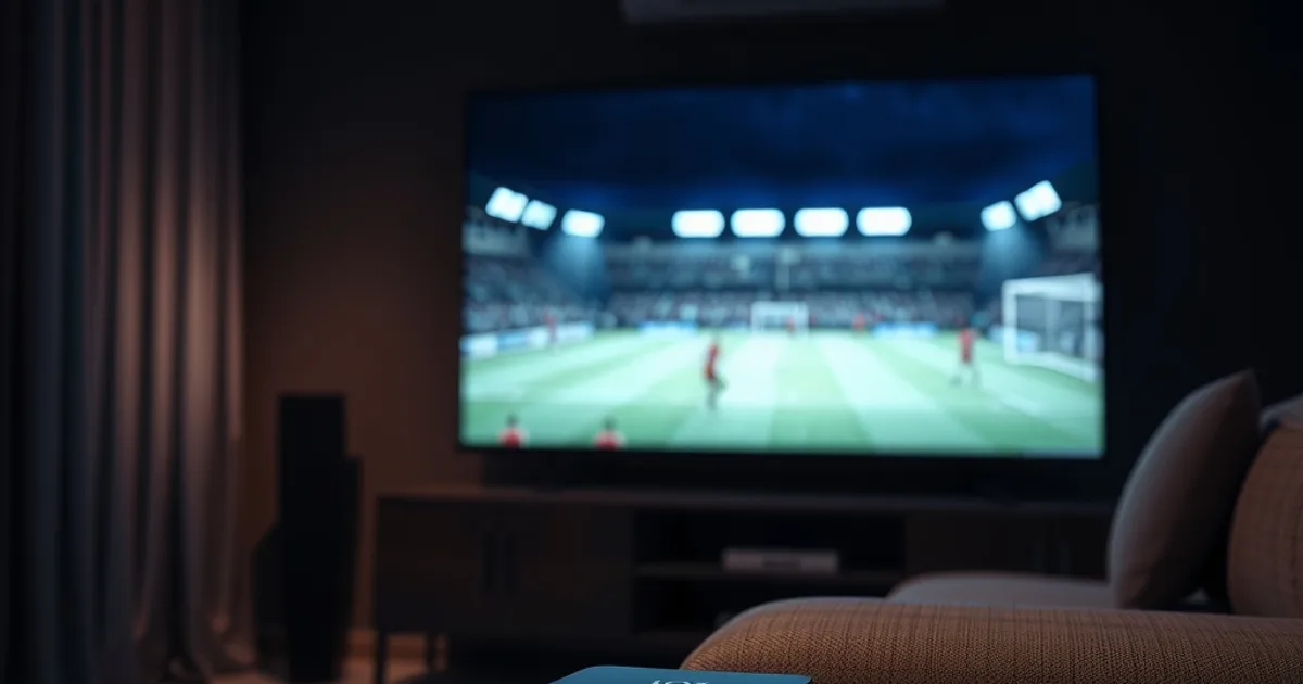 A dark, modern living room lit by the glow of a large TV streaming a live football match, with a streaming device and remote visible on the console below.