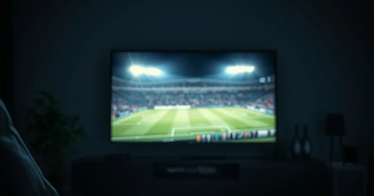 A dark living room at night with a wall-mounted TV glowing with an abstract football pitch scene, a streaming remote resting on the armrest in the foreground