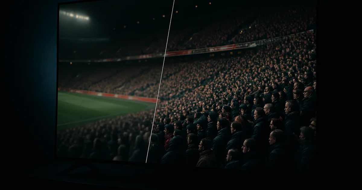 Split-screen comparison of a stadium crowd shot showing blurred upscaled video on one side and sharp true 4K detail on the other, in a dark room lit by TV glow