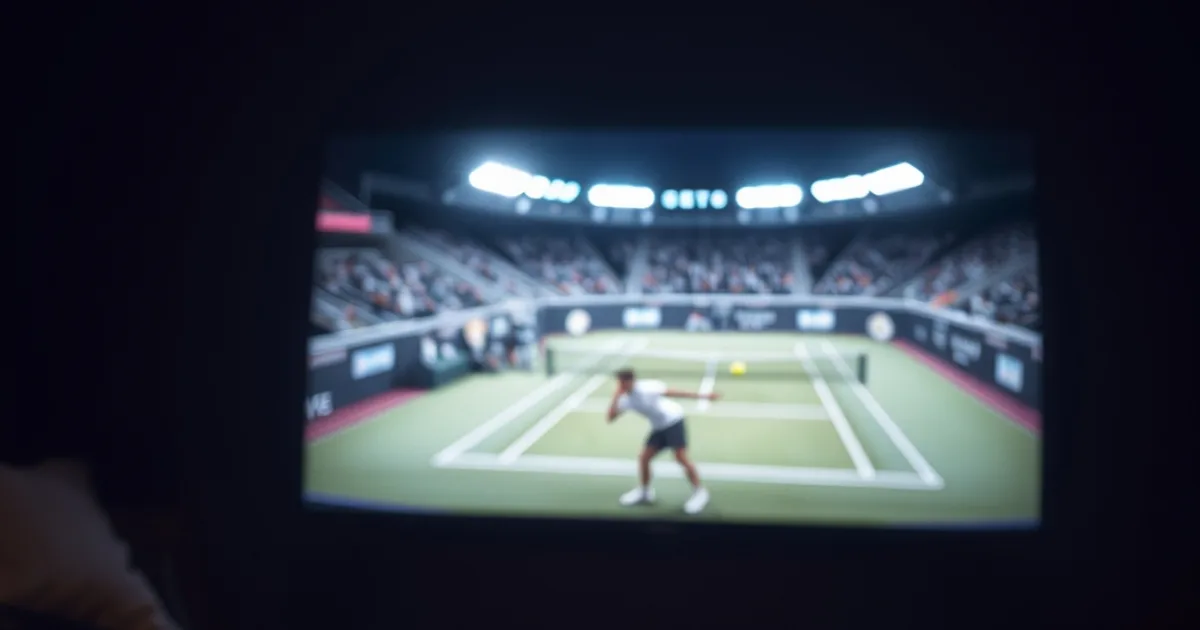 Dark, cinematic living room scene with a television showing a fast-motion tennis serve during a night session match