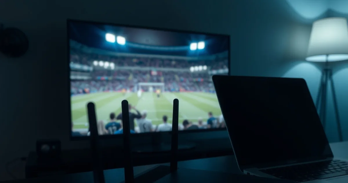 A dark home setup at night showing a router and laptop connected by a glowing blue light trail to a TV displaying a blurred live football match