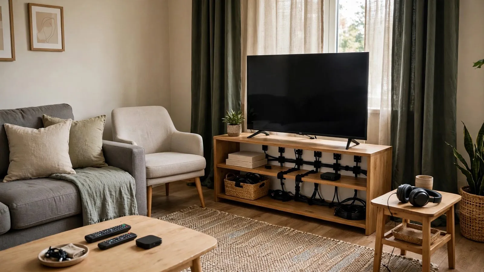 Switched-off television on a wooden media shelf in a living room with a sofa, armchair, and side table holding remotes and headphones.